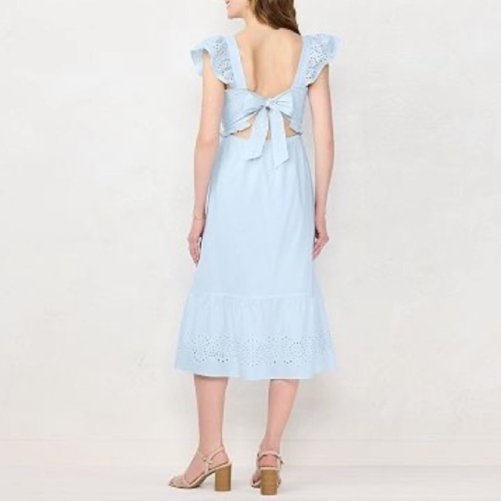 NWT Lauren Conrad dress blue tiered ruffle sleeve eyelet trim smocked dress Sz L - Picture 5 of 12